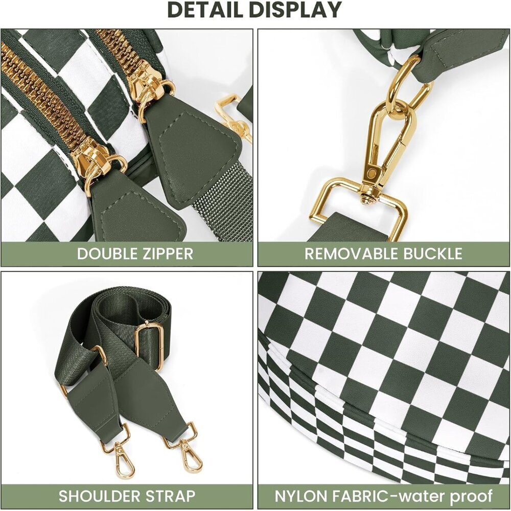 Checkered Nylon Crossbody Bag for Women Adjustable Strap Waterproof - Picture 4 of 7